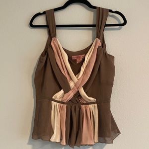 Bandolino tan and cream flowy top with front embellishment